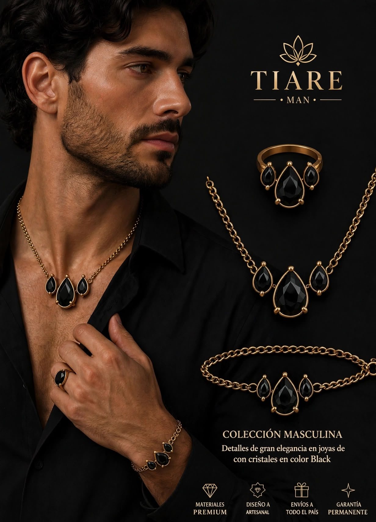 Tiare Man — set completo masculino con cristal negro y baño de oro