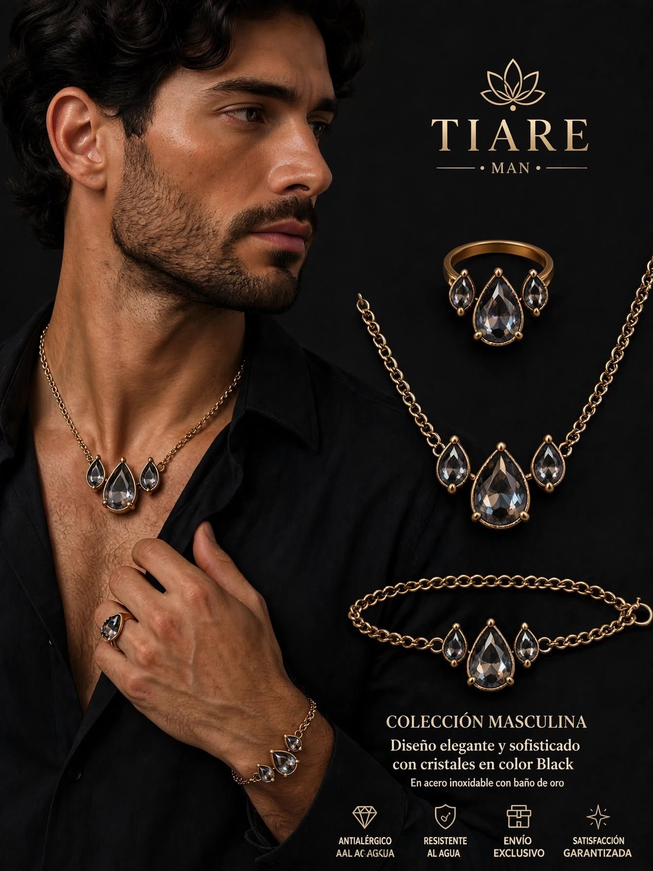 Tiare Man — colección masculina cristal transparente sobre oro