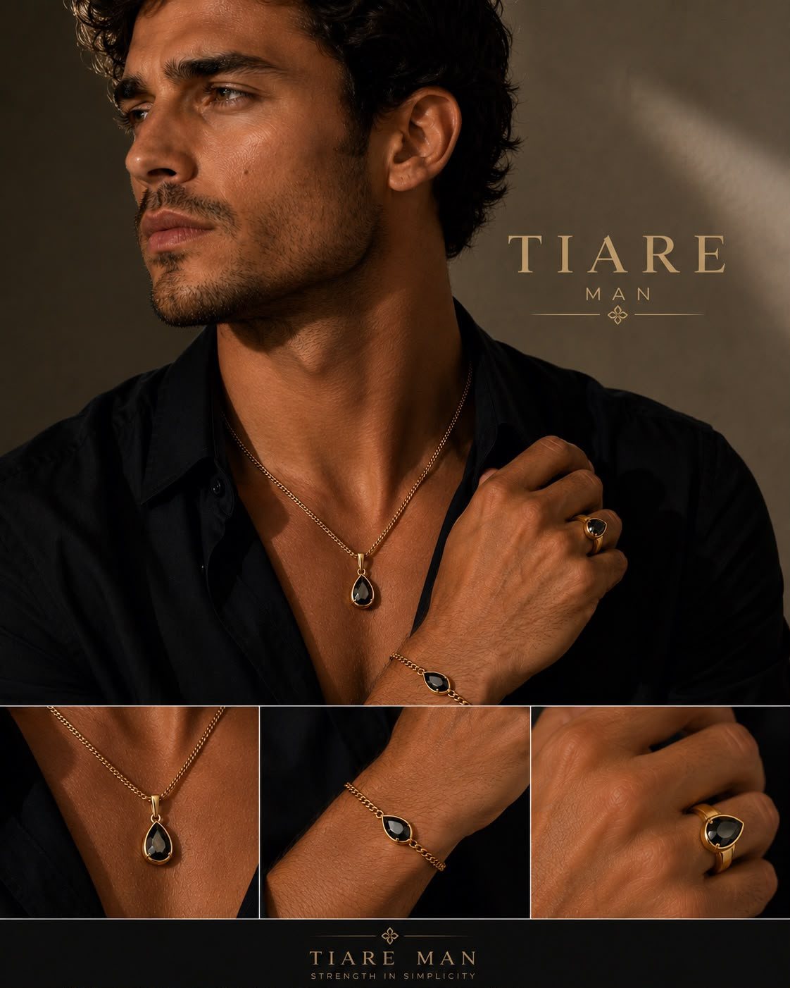 Tiare Man — retrato con colgante gota negro