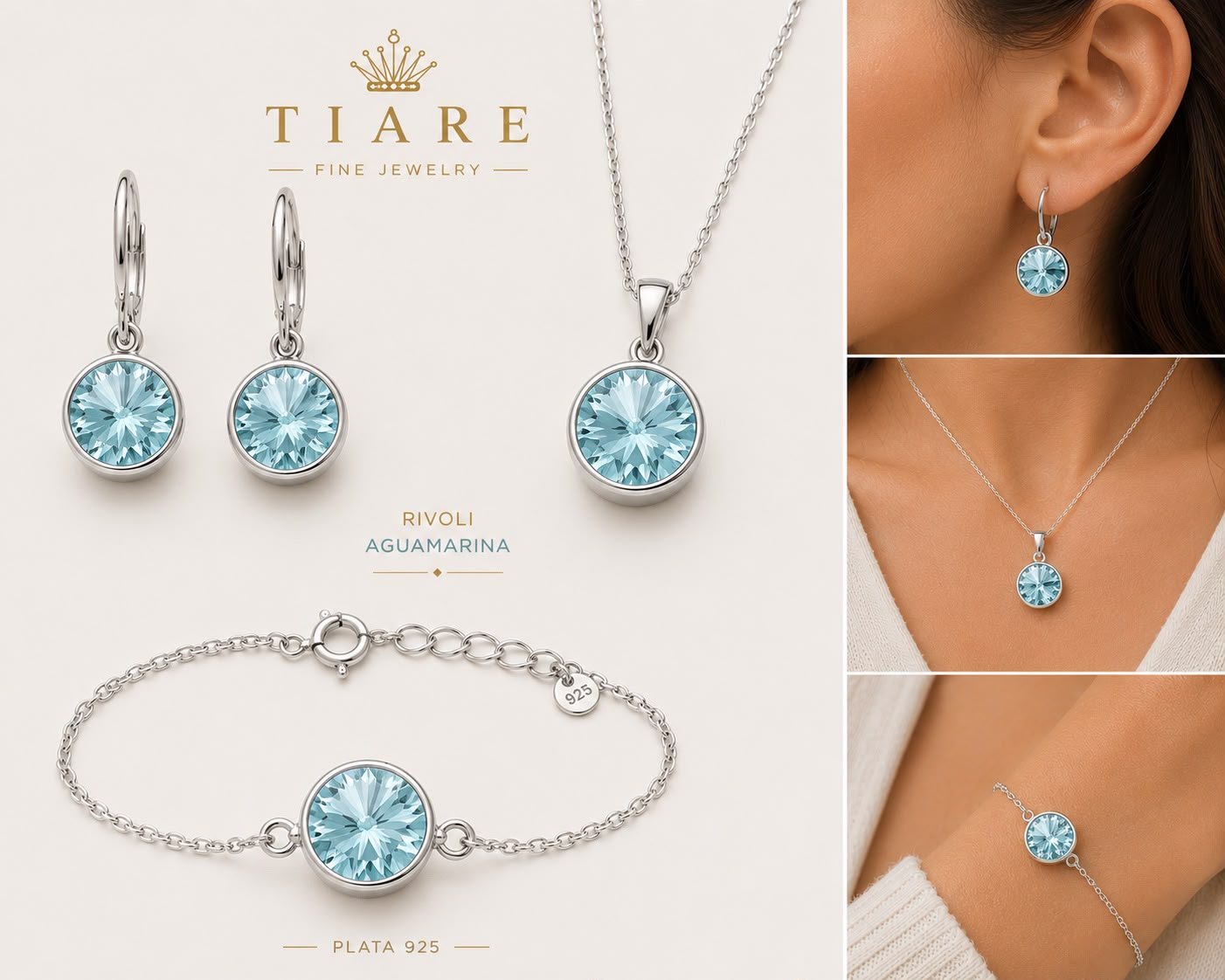 Set Rivoli Aguamarina — cristal azul agua sobre plata 925