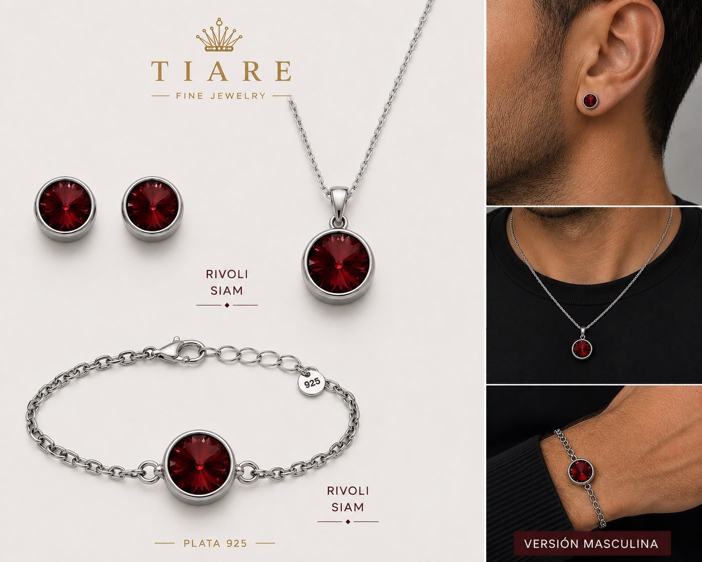 Set Rivoli Siam — cristal rojo sobre plata 925